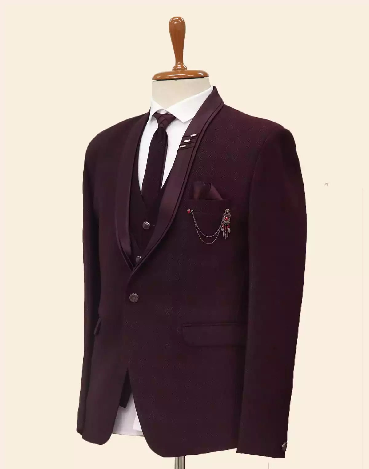 Image of Graceful Maroon Jacquard 5PC Designer Suit