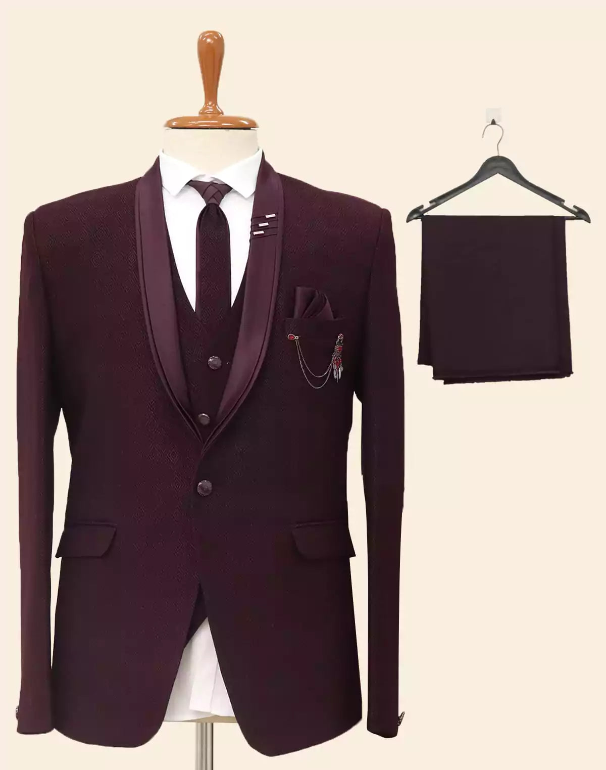 Image of Graceful Maroon Jacquard 5PC Designer Suit