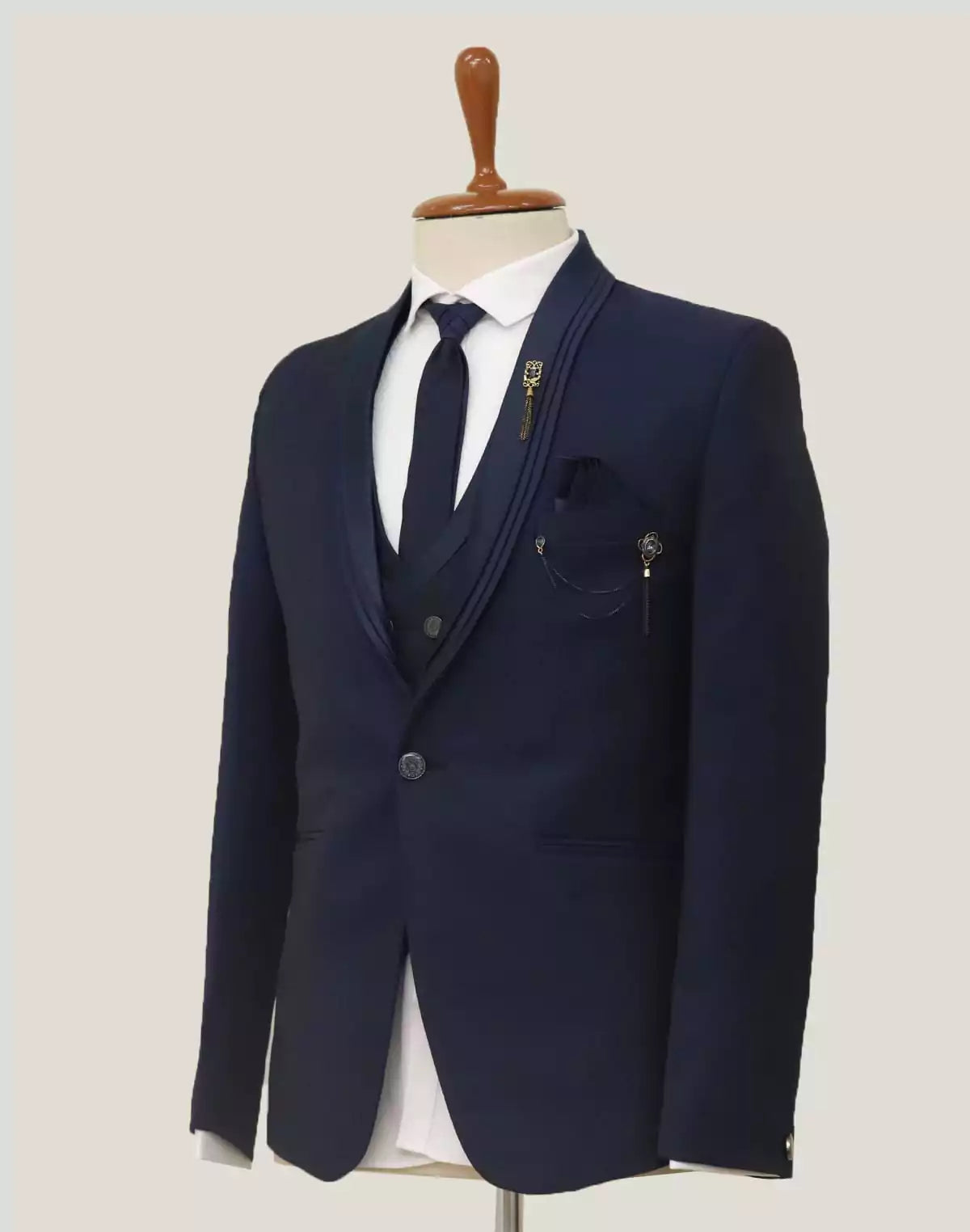 Image of Stylish Royal Blue Solid Jacquard 5 PC Designer Suit