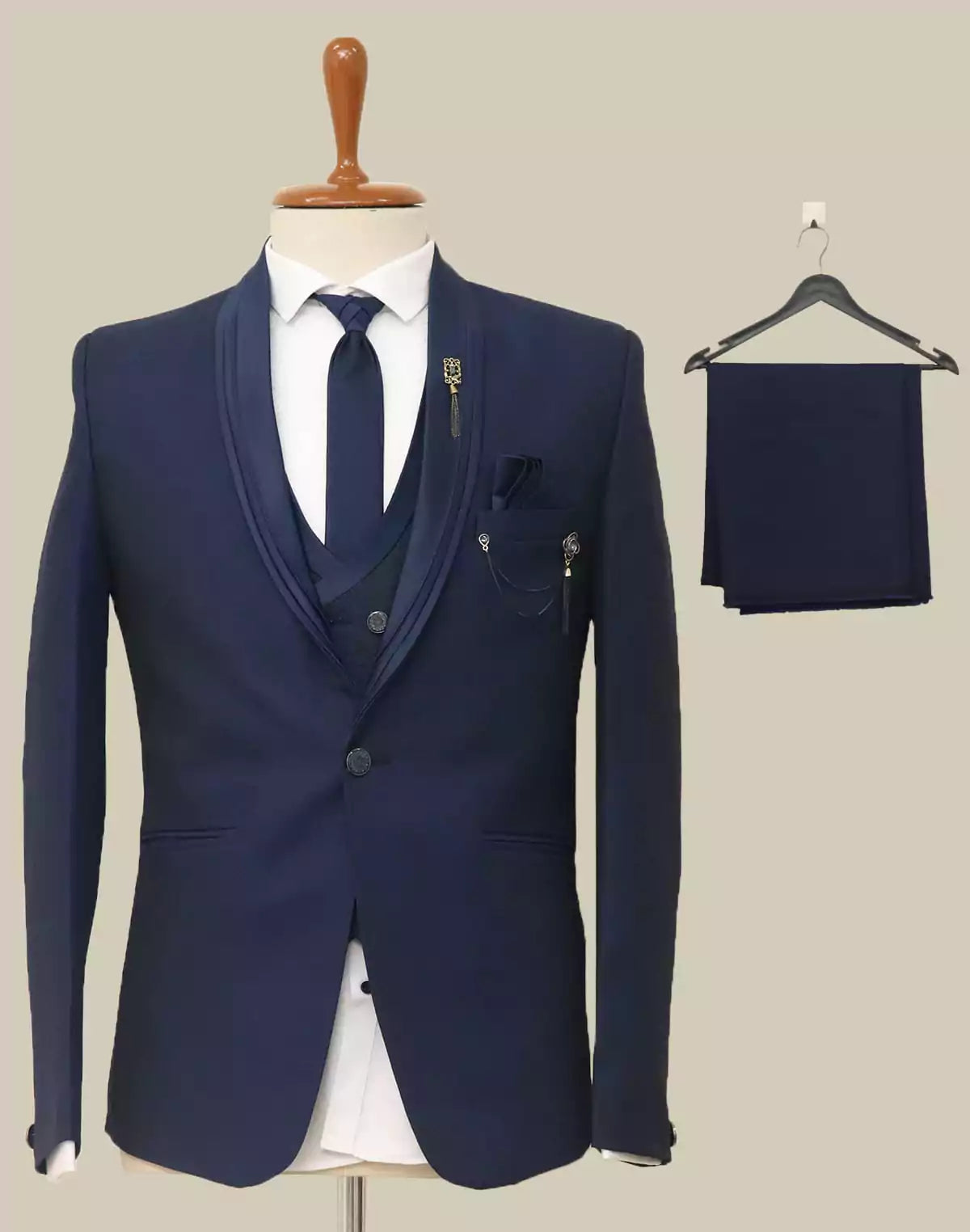 Image of Stylish Royal Blue Solid Jacquard 5 PC Designer Suit