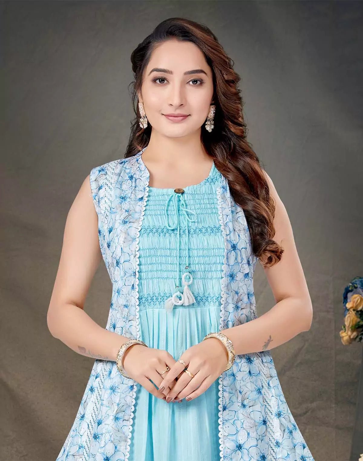 Image of Dress Cum Kurta with Floral Print Blue Cotton Silk Shrug - set of 2 - South India Shopping Mall