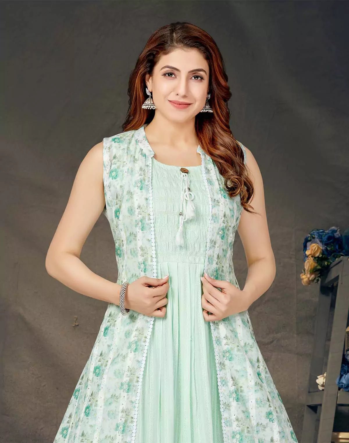 Image of Dress Cum Kurta with Floral Print Cotton Silk Shrug - set Of 2 - South India Shopping Mall