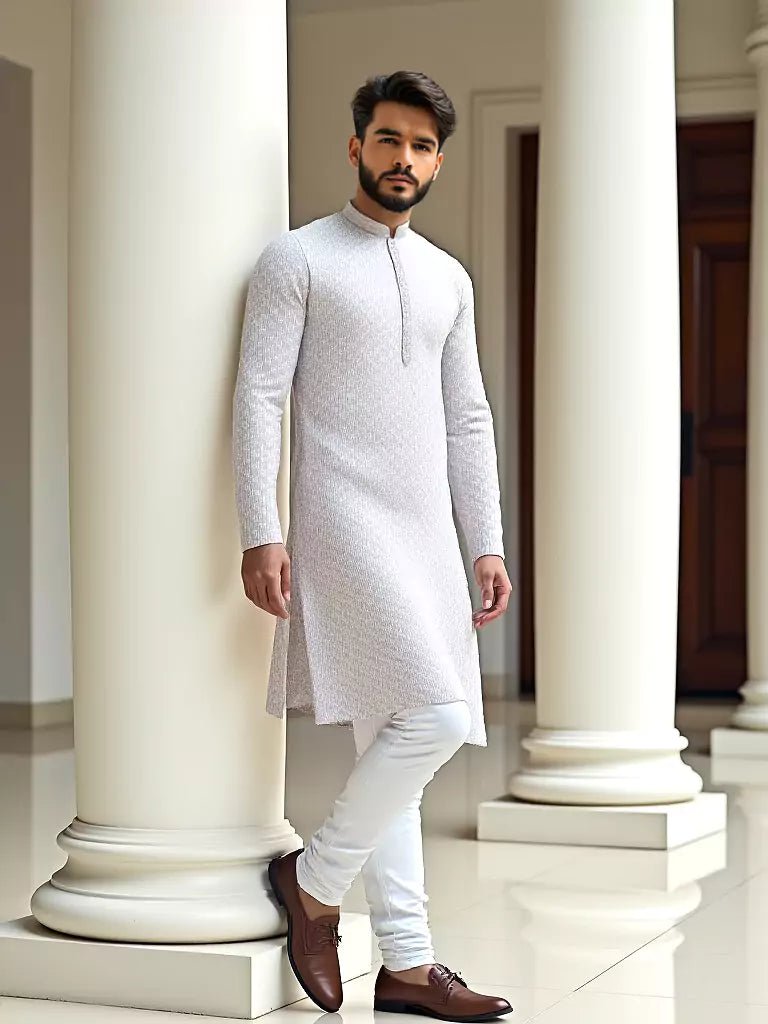 Image of Dust Coloured Raw Silk Thread Work Party Wear Kurta Pyjama Set - South India Shopping Mall