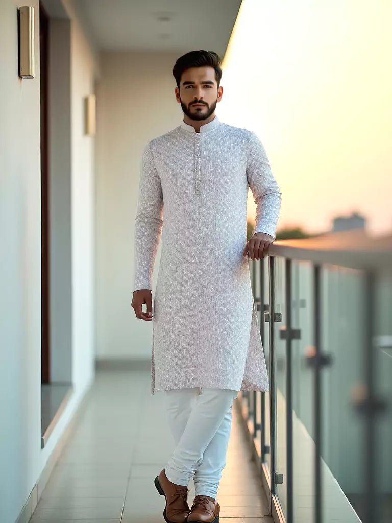 Image of Dust Coloured Raw Silk Thread Work Party Wear Kurta Pyjama Set - South India Shopping Mall