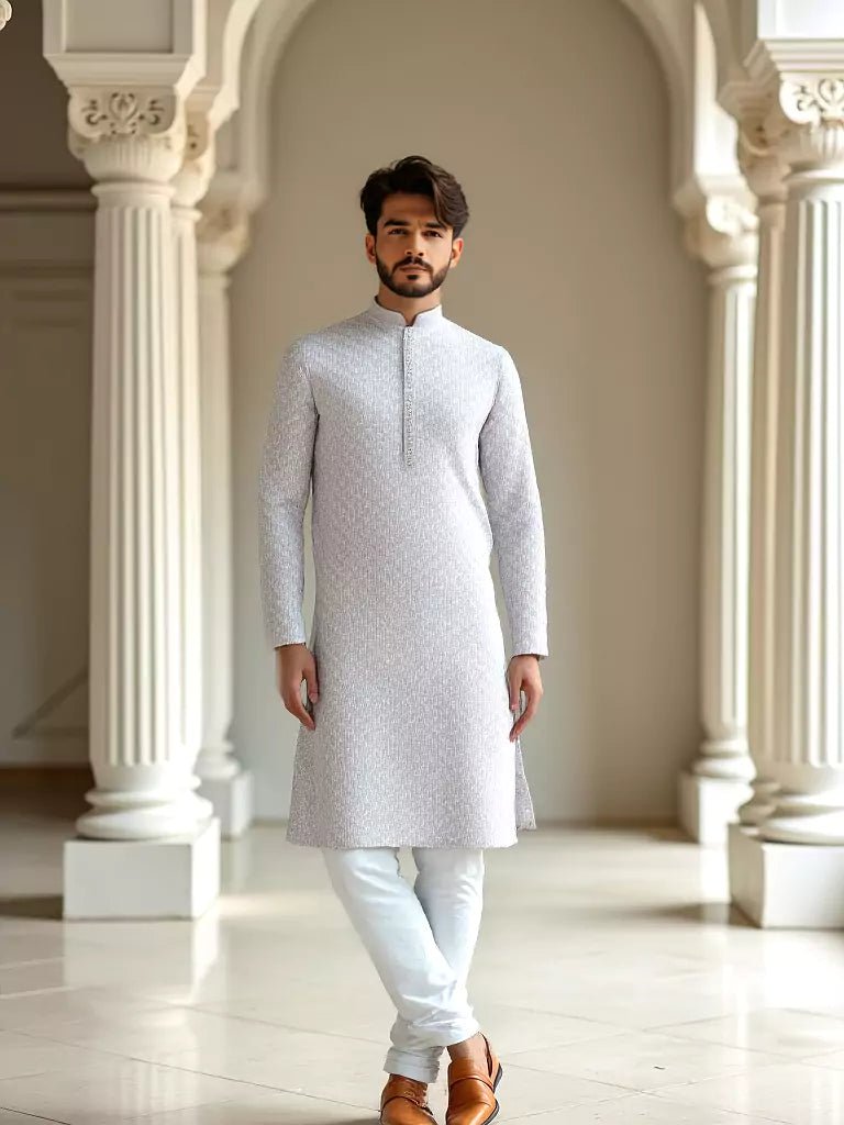 Image of Dust Coloured Raw Silk Thread Work Party Wear Kurta Pyjama Set - South India Shopping Mall