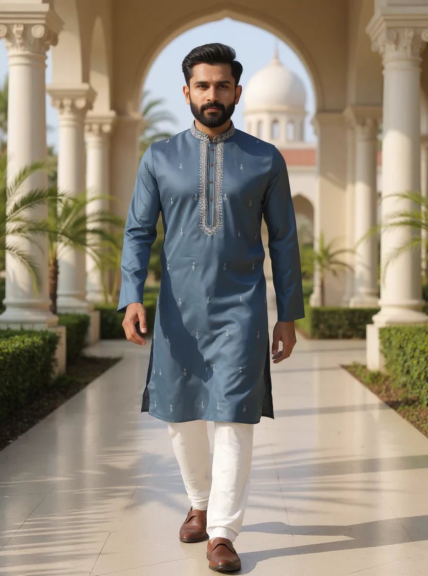 Image of Dusty Grey Floral Stones work Milky Silk Kurta Pyjama Set - South India Shopping Mall