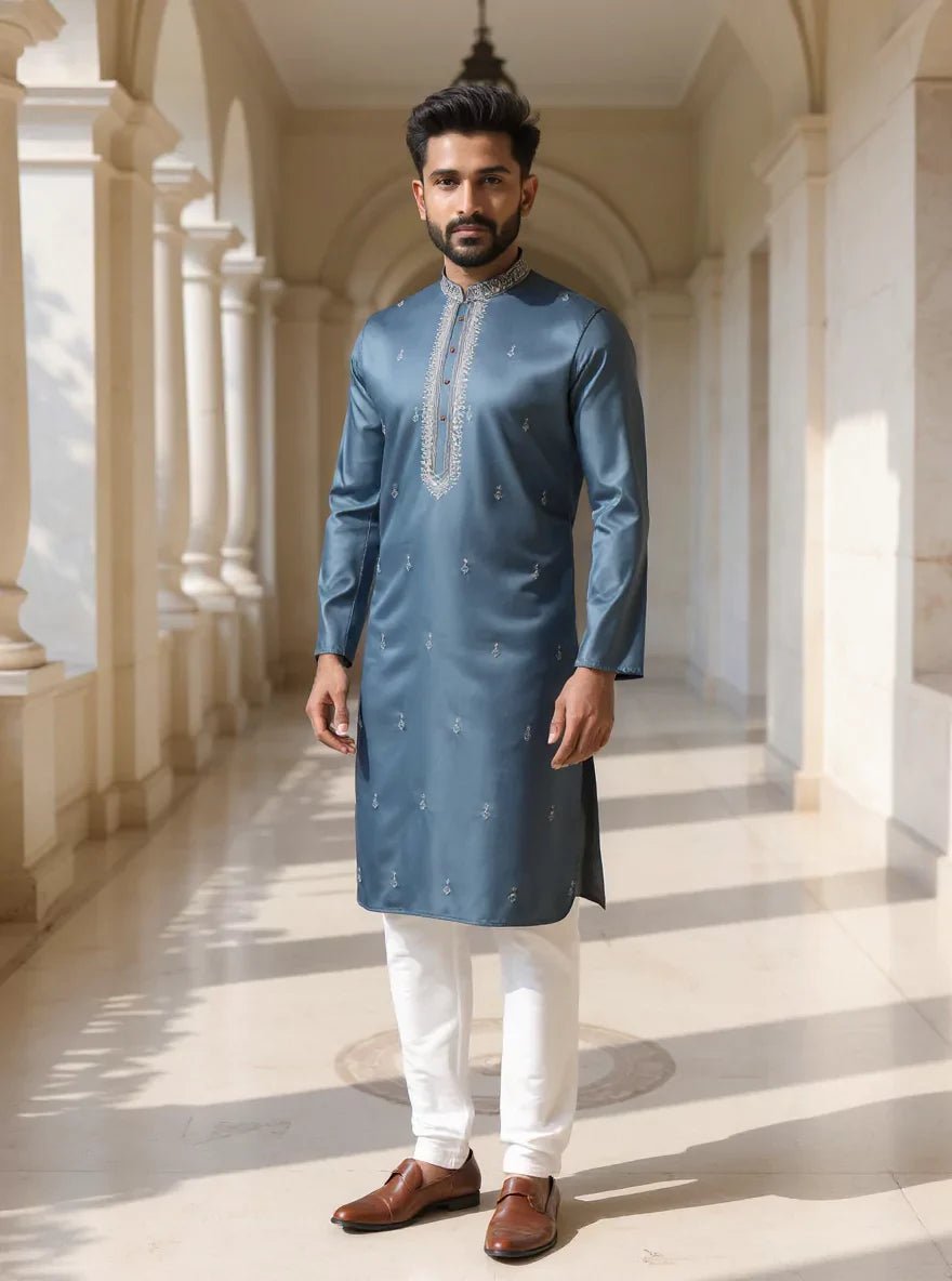 Image of Dusty Grey Floral Stones work Milky Silk Kurta Pyjama Set - South India Shopping Mall