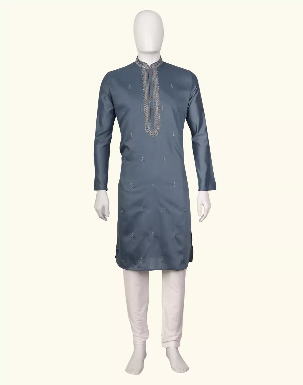Image of Dusty Grey Floral Stones work Milky Silk Kurta Pyjama Set - South India Shopping Mall