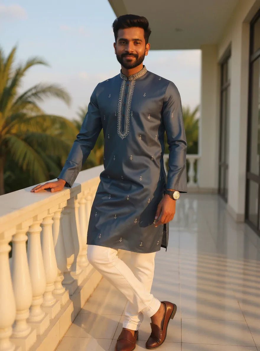 Image of Dusty Grey Floral Stones work Milky Silk Kurta Pyjama Set - South India Shopping Mall