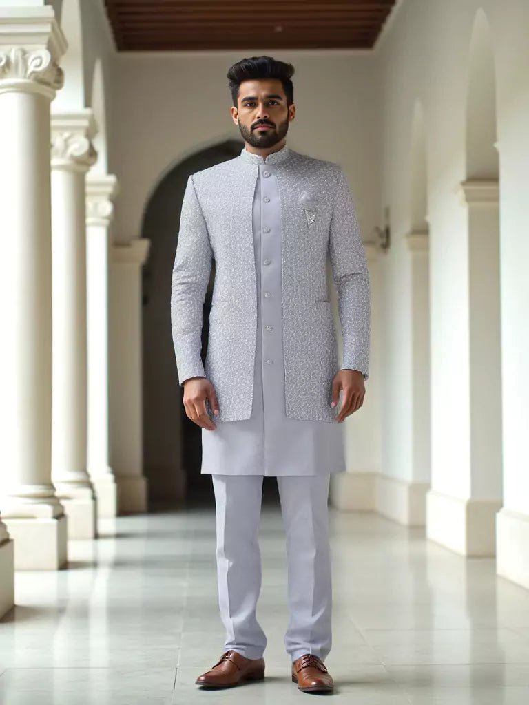 Image of Dusty Grey Self Brocade Thread work Cotton - Satin Kurta Jacket Set - South India Shopping Mall