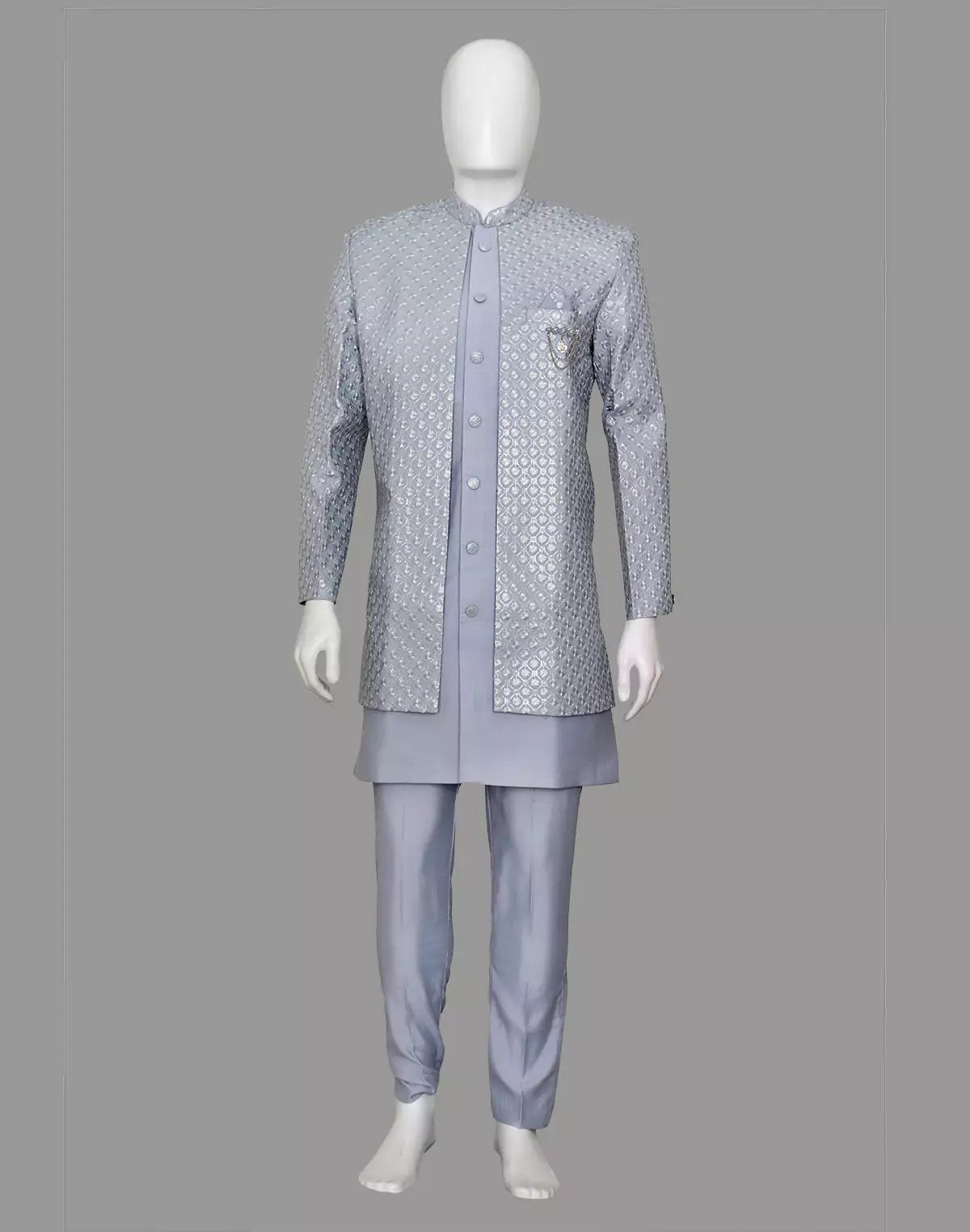 Image of Dusty Grey Self Brocade Thread work Cotton - Satin Kurta Jacket Set - South India Shopping Mall