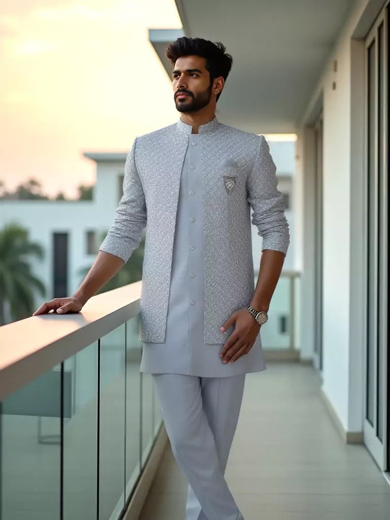 Image of Dusty Grey Self Brocade Thread work Cotton - Satin Kurta Jacket Set - South India Shopping Mall