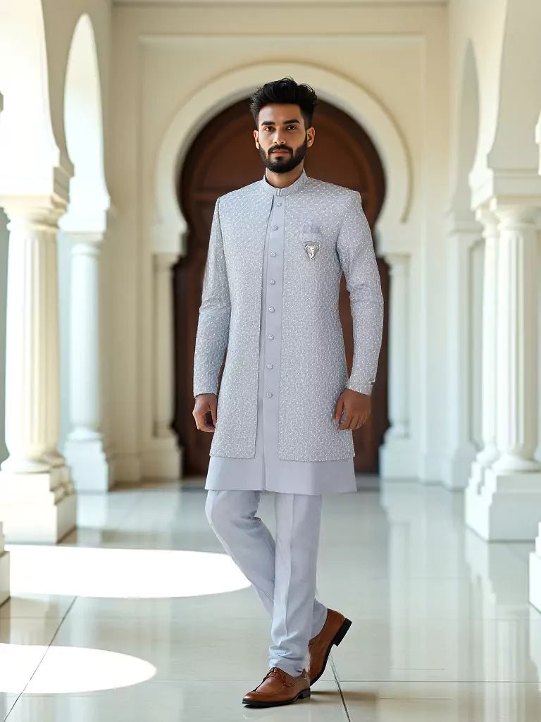 Image of Dusty Grey Self Brocade Thread work Cotton - Satin Kurta Jacket Set - South India Shopping Mall
