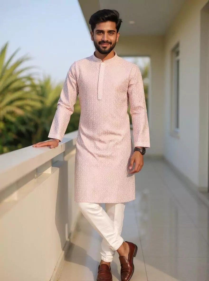 Image of Dusty Light Pink Thread work Cotton Silk Kurta Pyjama Set in Floral - South India Shopping Mall