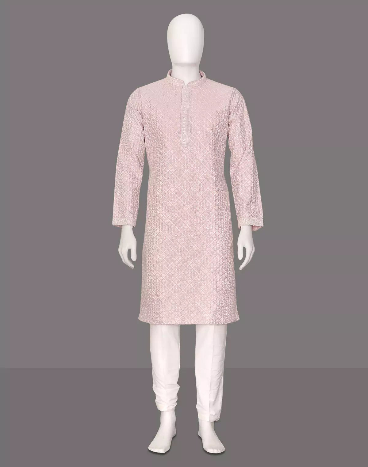 Image of Dusty Light Pink Thread work Cotton Silk Kurta Pyjama Set in Floral - South India Shopping Mall