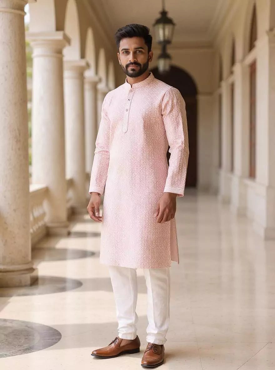 Image of Dusty Light Pink Thread work Cotton Silk Kurta Pyjama Set in Floral - South India Shopping Mall