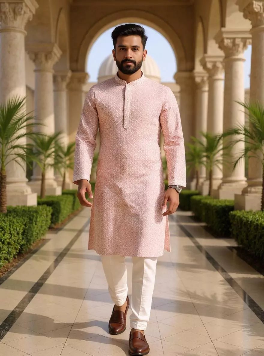 Image of Dusty Light Pink Thread work Cotton Silk Kurta Pyjama Set in Floral - South India Shopping Mall