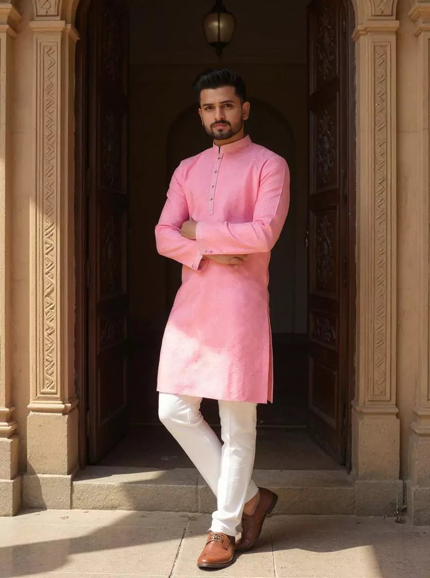 Image of Dusty Pink Self Weaving with Silver Booti's Cotton Silk Kurta Pyjama Set - South India Shopping Mall