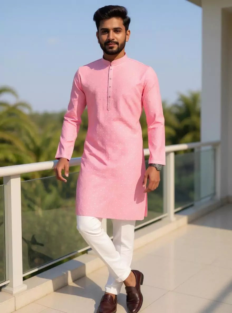 Image of Dusty Pink Self Weaving with Silver Booti's Cotton Silk Kurta Pyjama Set - South India Shopping Mall