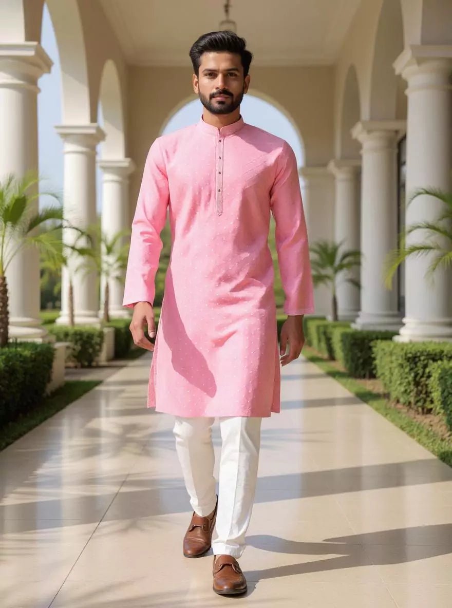 Image of Dusty Pink Self Weaving with Silver Booti's Cotton Silk Kurta Pyjama Set - South India Shopping Mall