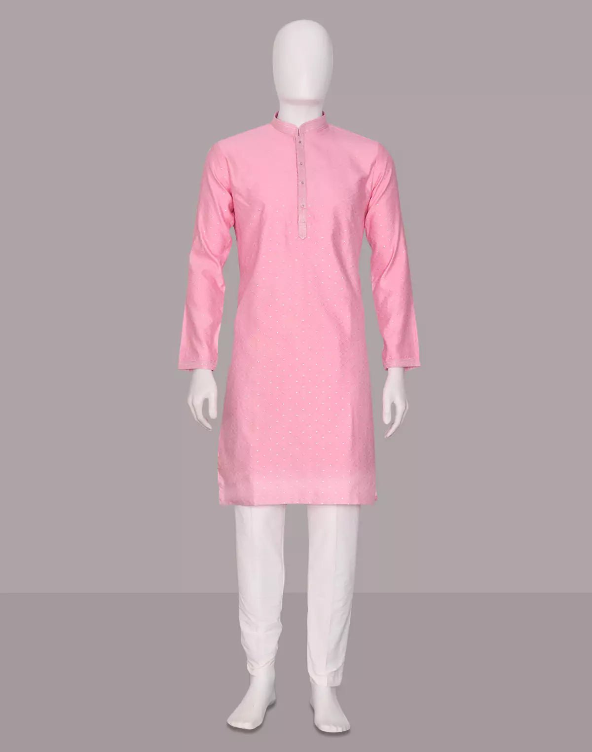 Image of Dusty Pink Self Weaving with Silver Booti's Cotton Silk Kurta Pyjama Set - South India Shopping Mall