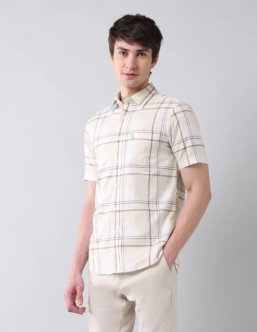 Image of Ecru Checkered Cotton Tailored Fit Classic Shirt - South India Shopping Mall