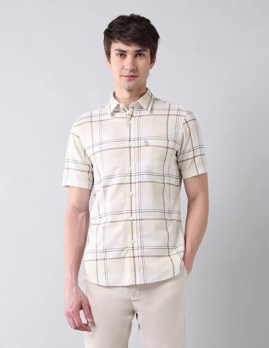 Image of Ecru Checkered Cotton Tailored Fit Classic Shirt - South India Shopping Mall