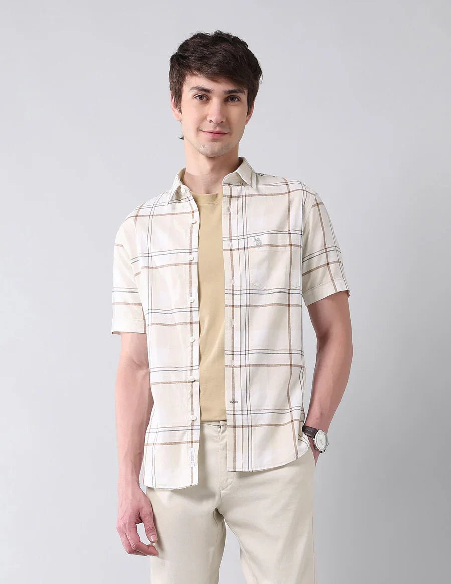 Image of Ecru Checkered Cotton Tailored Fit Classic Shirt - South India Shopping Mall