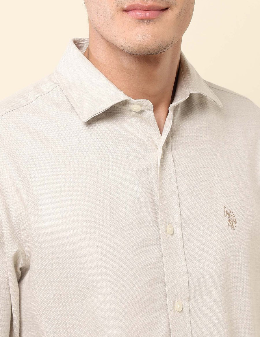 Image of Ecru Color Textured Lenin Cotton Tailored Fit Men's Shirt - South India Shopping Mall