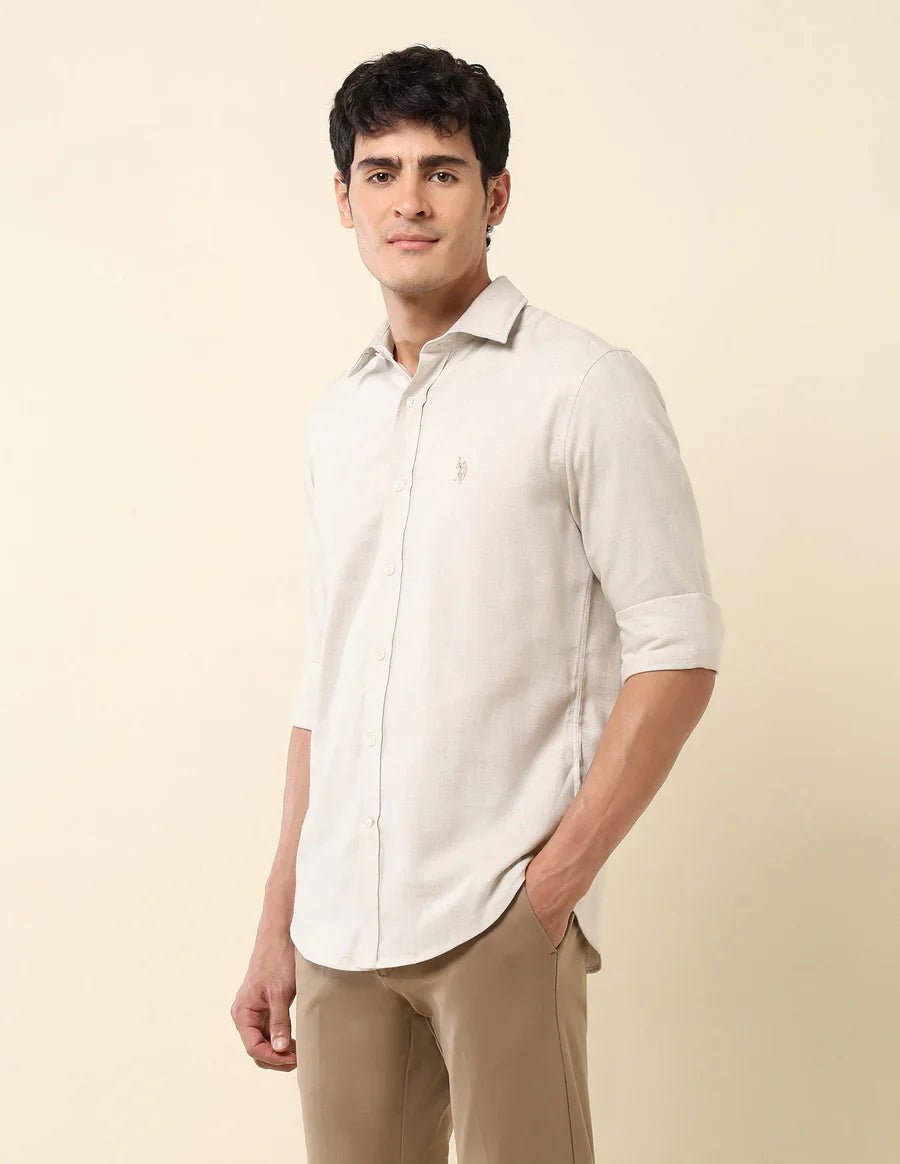 Image of Ecru Color Textured Lenin Cotton Tailored Fit Men's Shirt - South India Shopping Mall