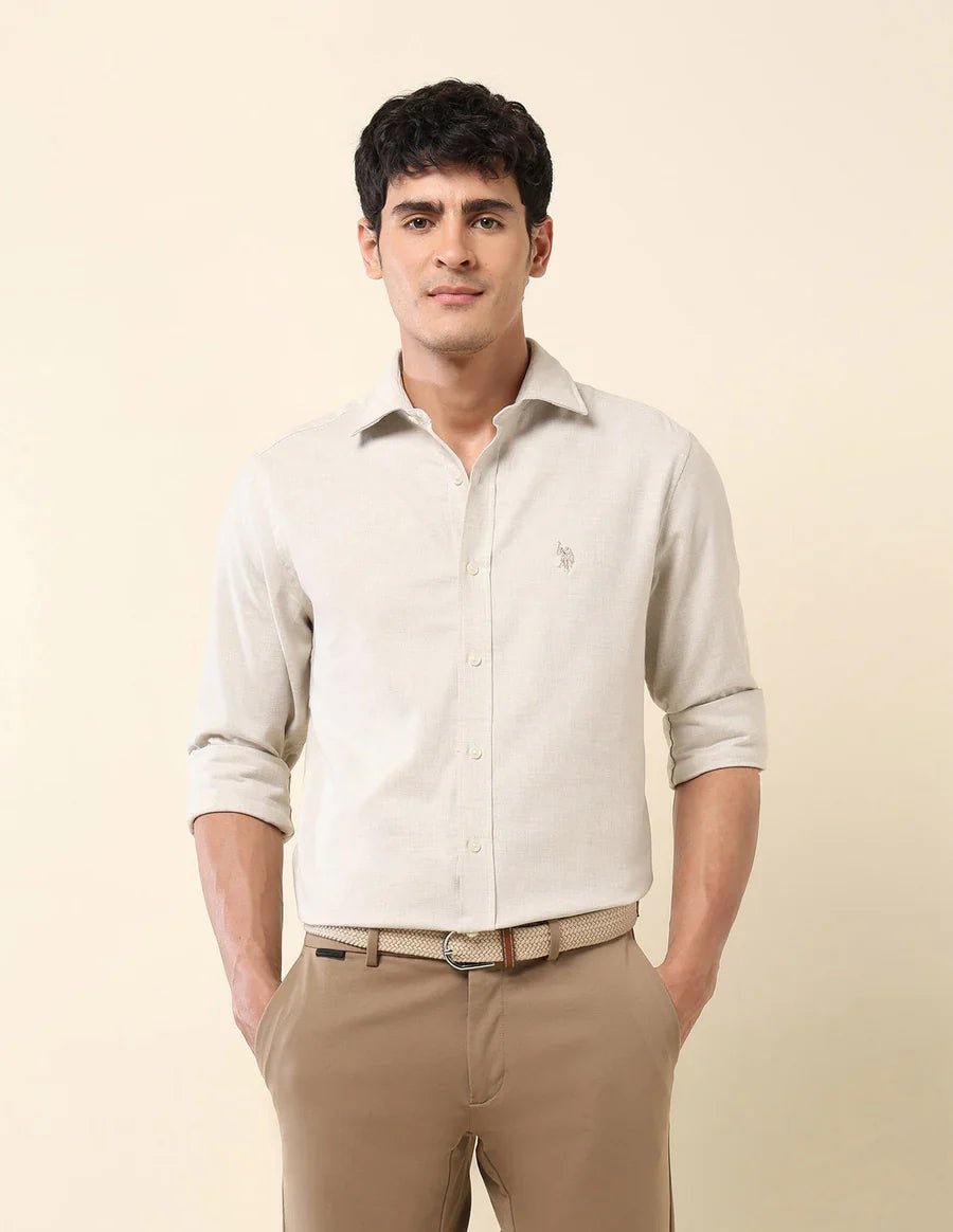 Image of Ecru Color Textured Lenin Cotton Tailored Fit Men's Shirt - South India Shopping Mall