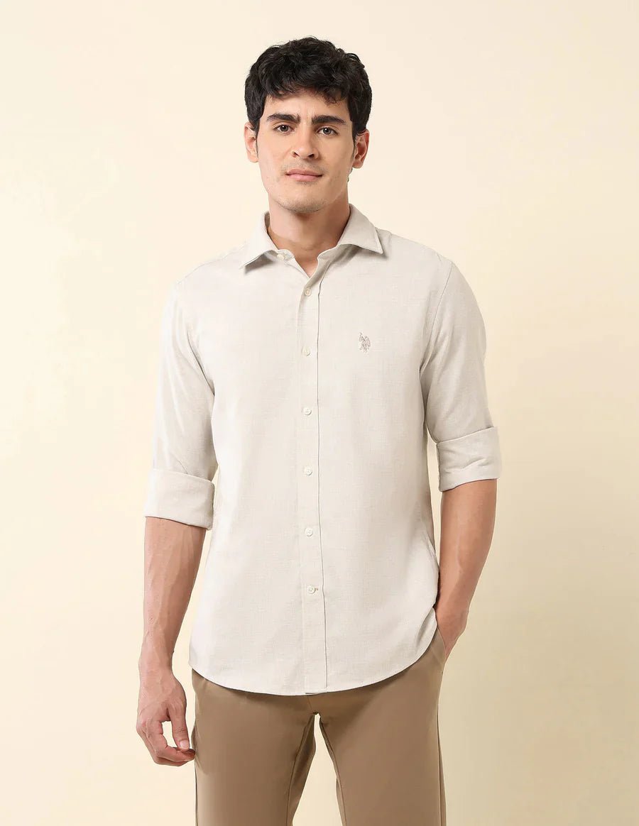 Image of Ecru Color Textured Lenin Cotton Tailored Fit Men's Shirt - South India Shopping Mall
