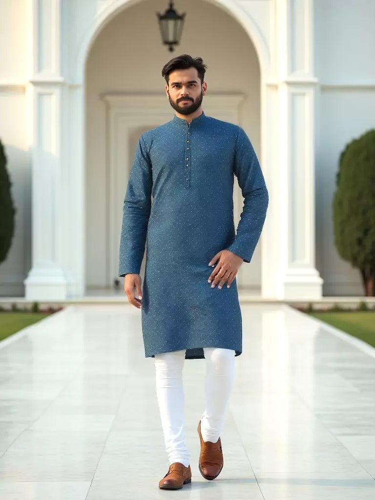 Image of Elegant Blue Self Highlighted Jacquard Kurta Pyjama Set - South India Shopping Mall