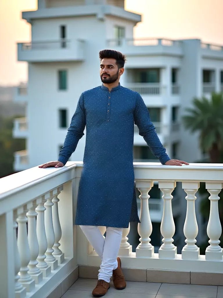 Image of Elegant Blue Self Highlighted Jacquard Kurta Pyjama Set - South India Shopping Mall