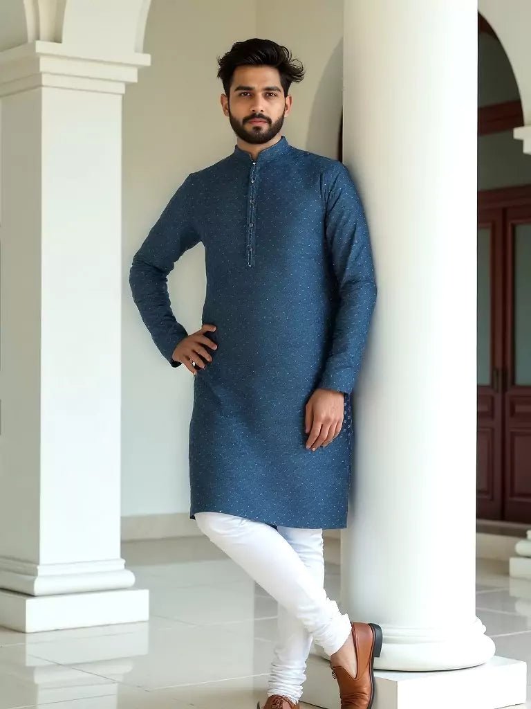 Image of Elegant Blue Self Highlighted Jacquard Kurta Pyjama Set - South India Shopping Mall