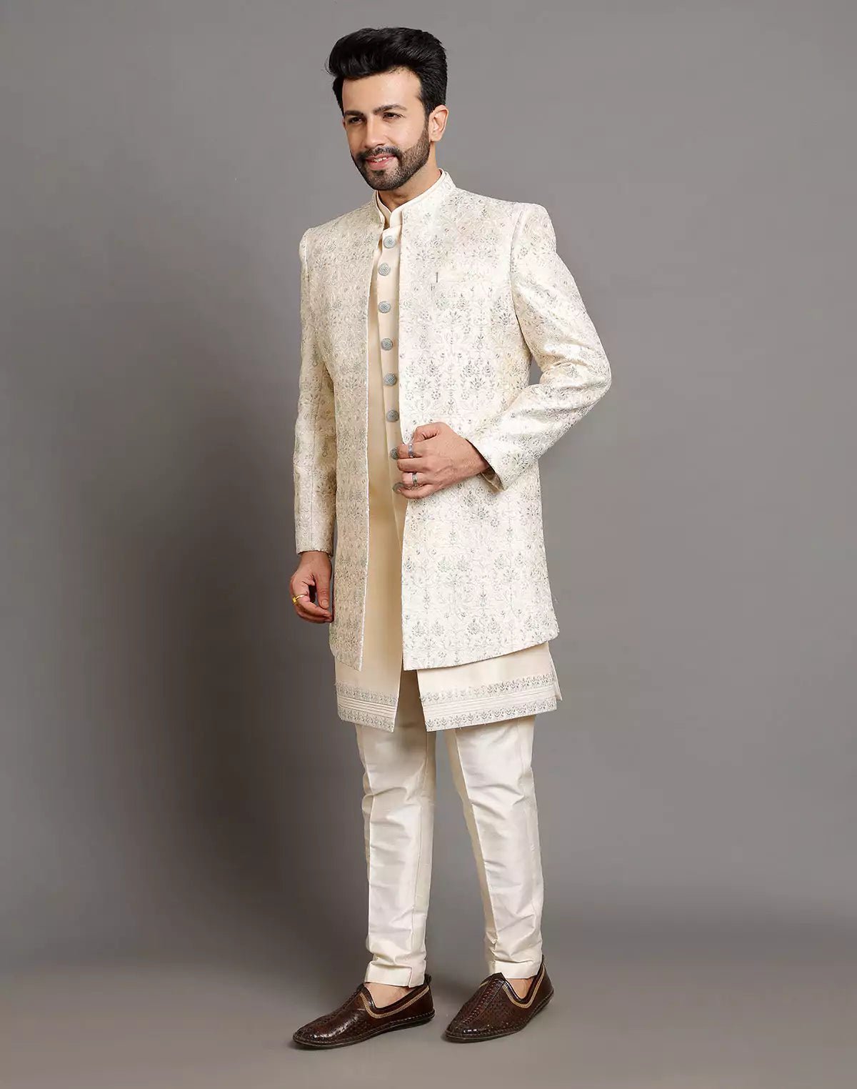 Image of Elegant Cream Color Raw Silk Embroidery Work Indo - open Jacket Set - South India Shopping Mall