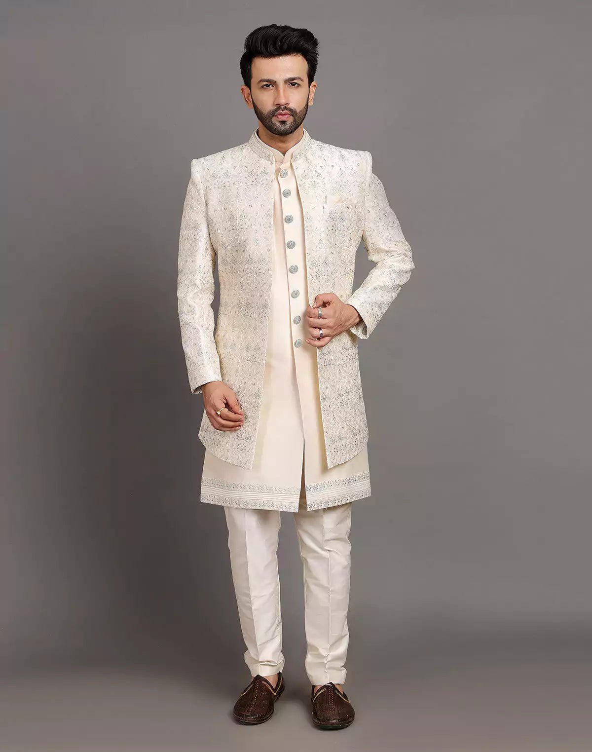 Image of Elegant Cream Color Raw Silk Embroidery Work Indo - open Jacket Set - South India Shopping Mall