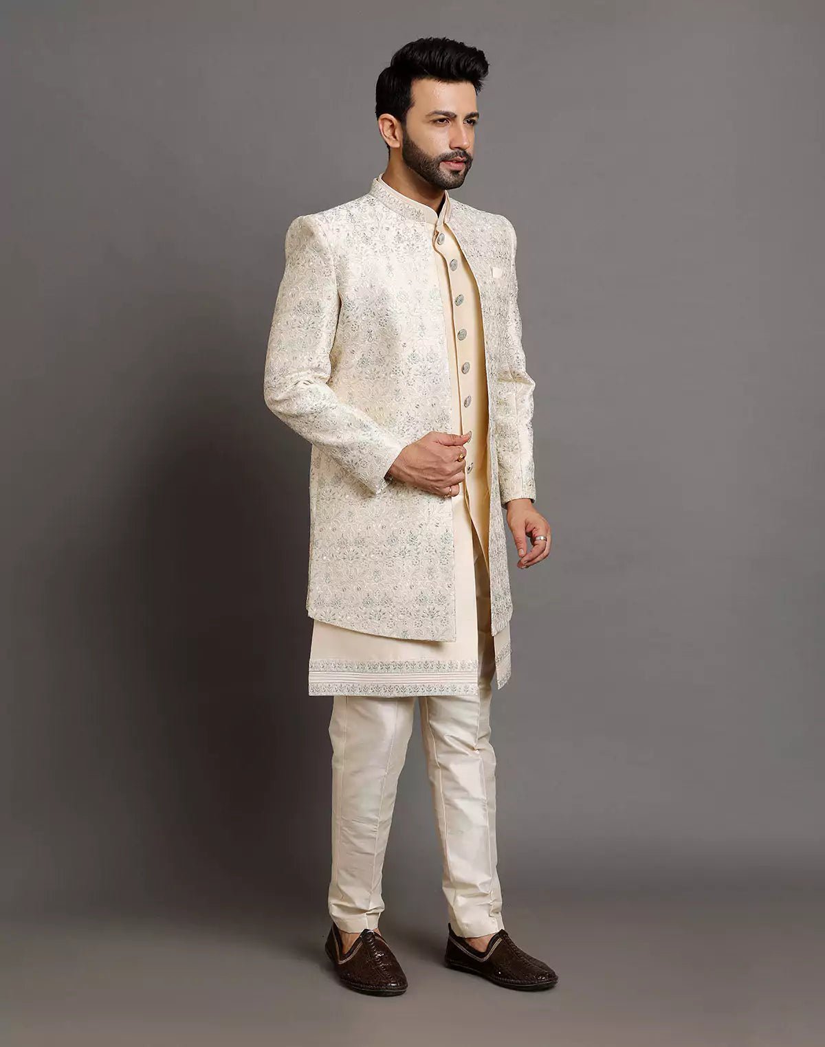 Image of Elegant Cream Color Raw Silk Embroidery Work Indo - open Jacket Set - South India Shopping Mall