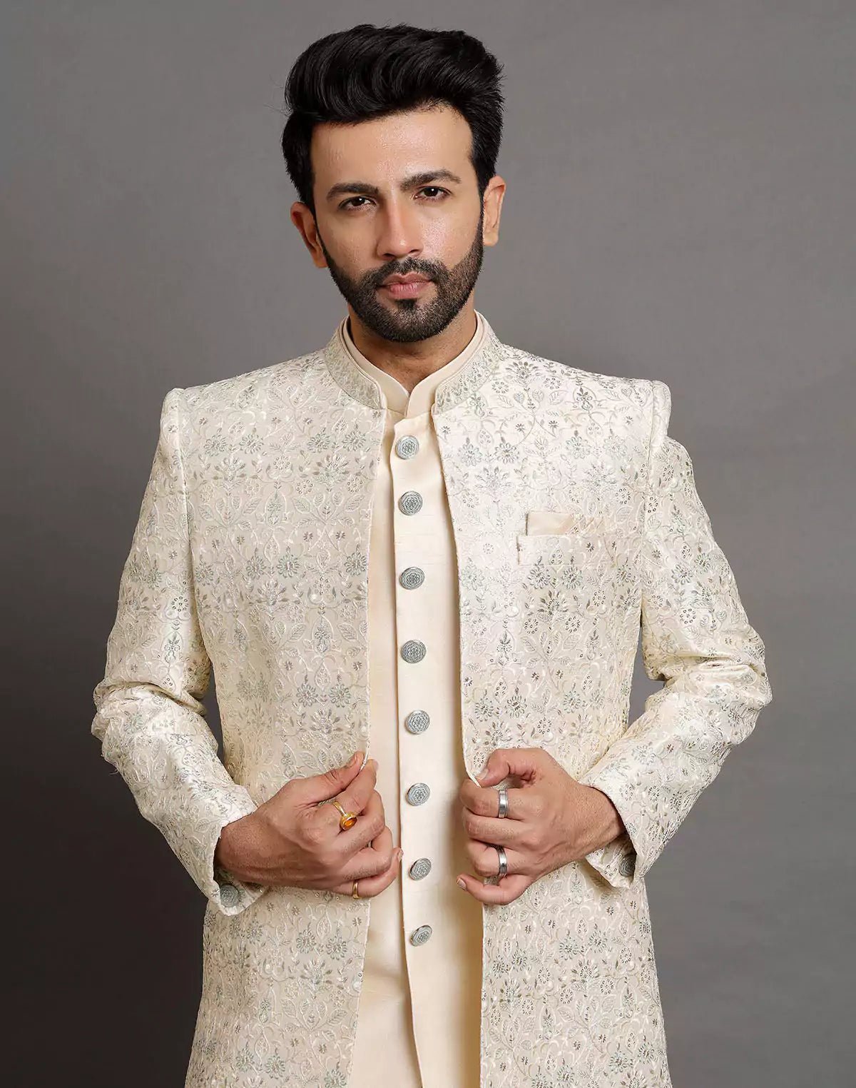Image of Elegant Cream Color Raw Silk Embroidery Work Indo - open Jacket Set - South India Shopping Mall