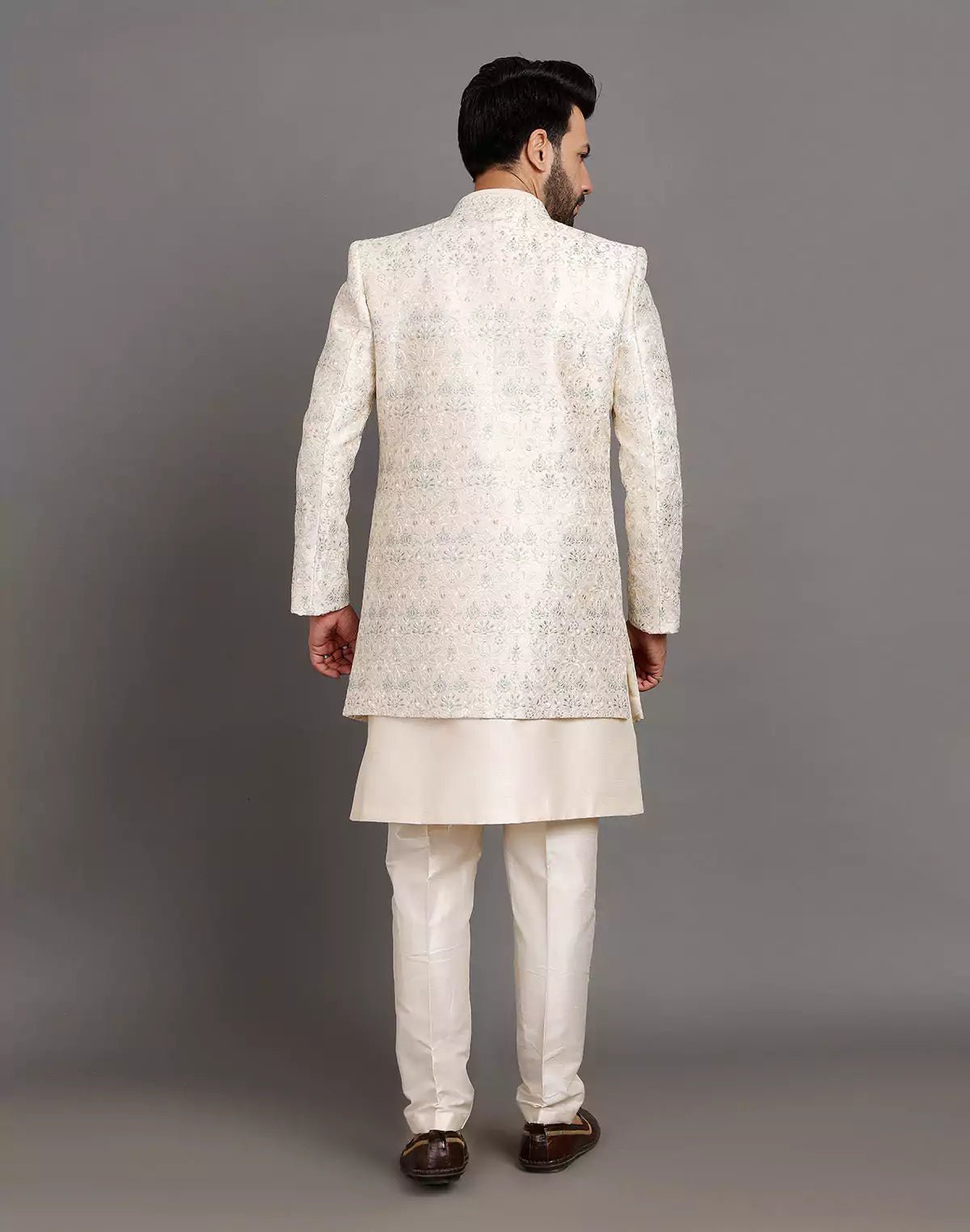 Image of Elegant Cream Color Raw Silk Embroidery Work Indo - open Jacket Set - South India Shopping Mall