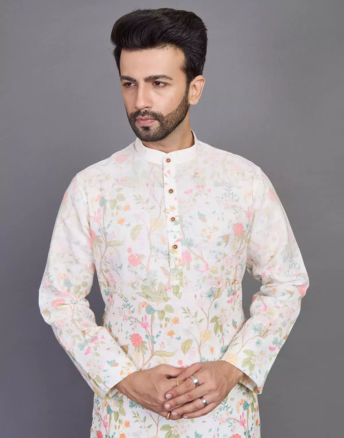 Image of Elegant Cream Coloured All Over Floral Print Cotton Kurta - South India Shopping Mall