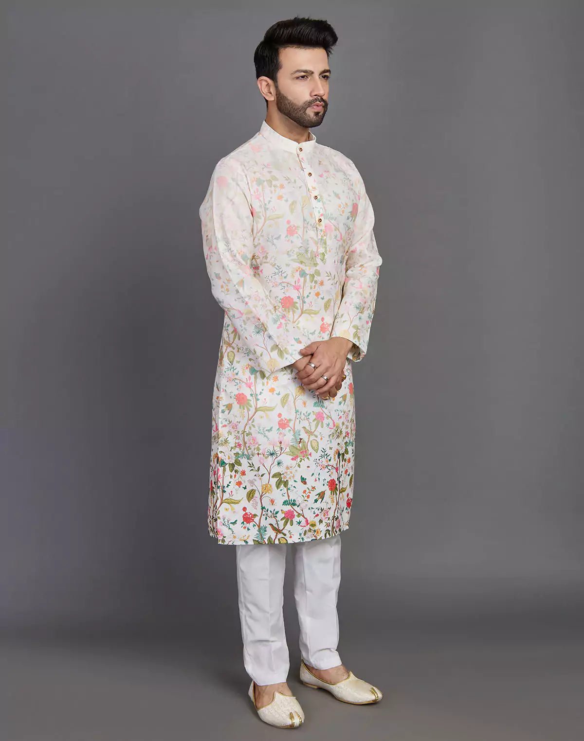 Elegant Cream Coloured All Over Floral Print Cotton Kurta - South India Shopping Mall