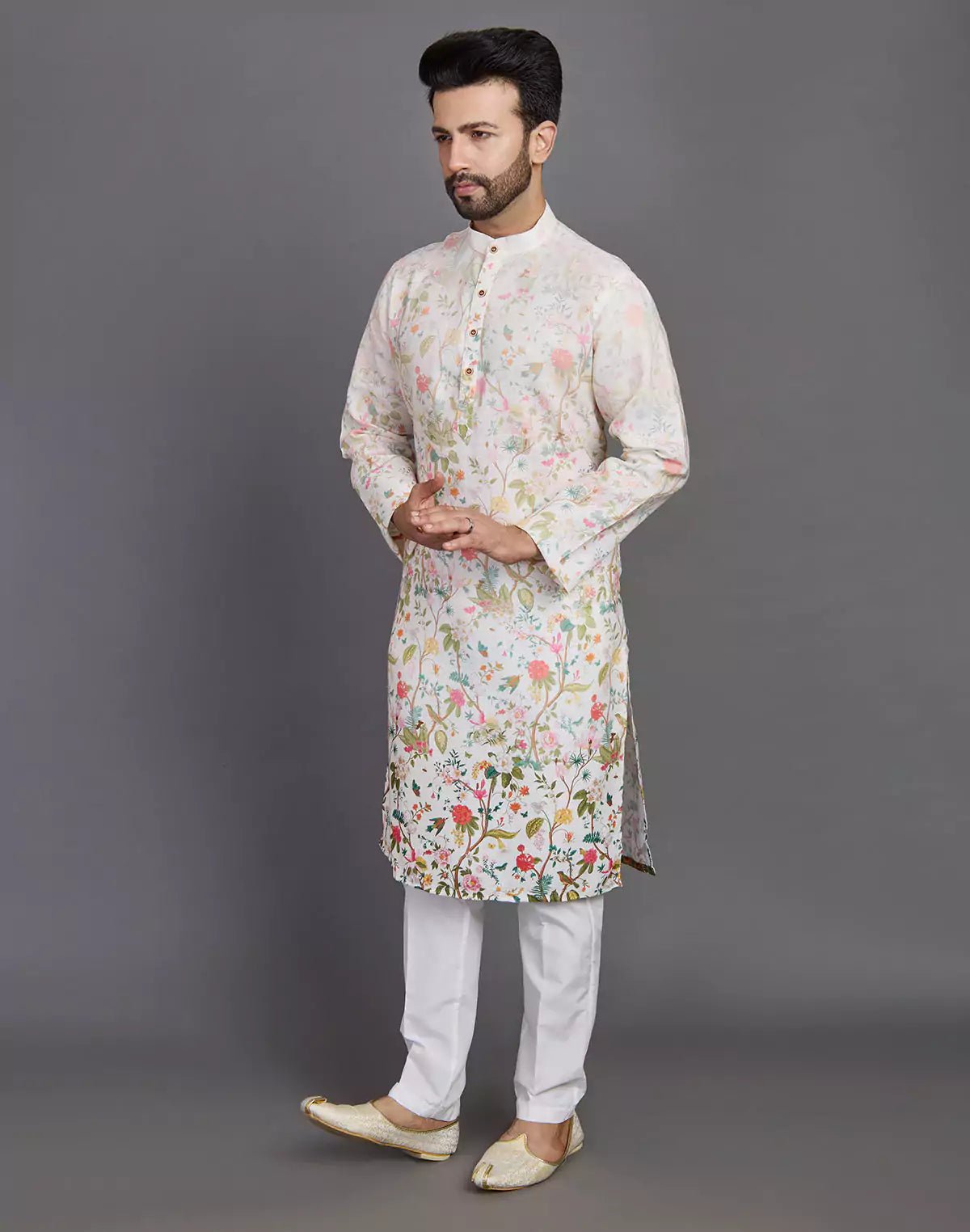 Elegant Cream Coloured All Over Floral Print Cotton Kurta - South India Shopping Mall