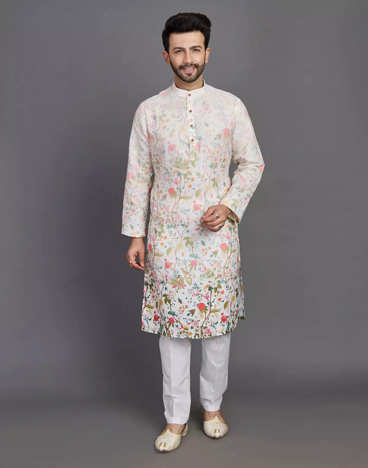 Elegant Cream Coloured All Over Floral Print Cotton Kurta - South India Shopping Mall