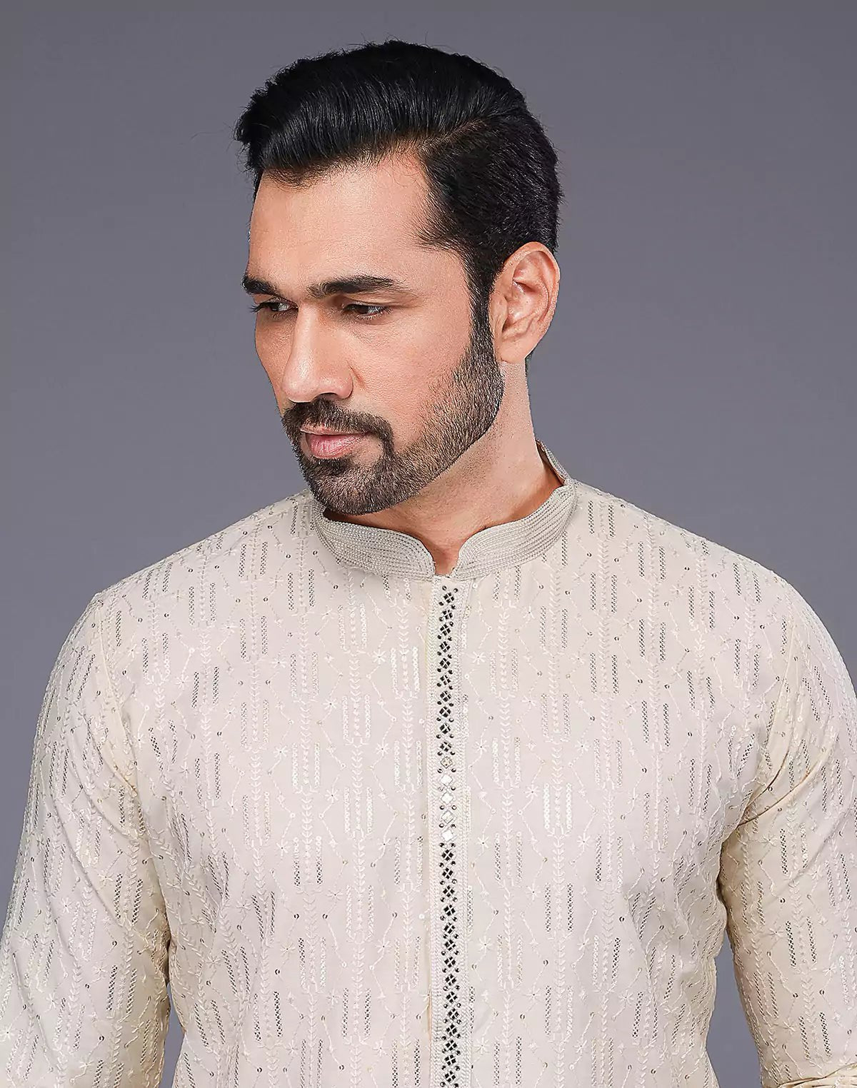 Image of Elegant Cream Embellished Work Kurta Pyjama Set - South India Shopping Mall