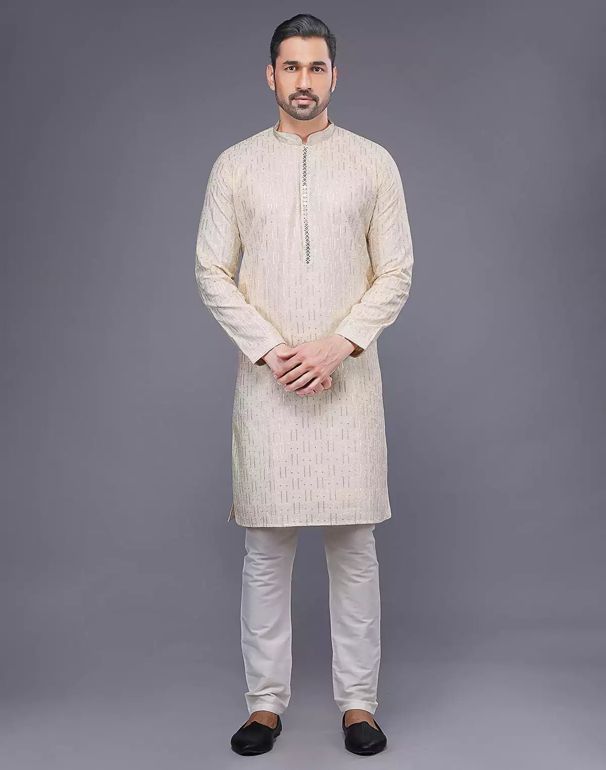 Image of Elegant Cream Embellished Work Kurta Pyjama Set - South India Shopping Mall