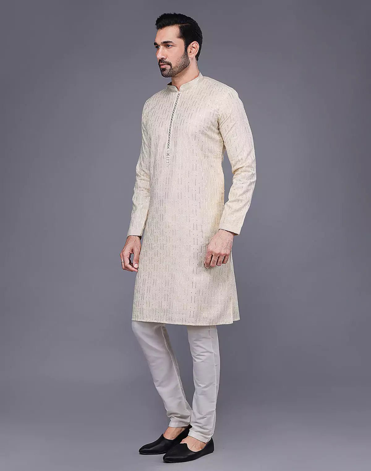 Image of Elegant Cream Embellished Work Kurta Pyjama Set - South India Shopping Mall
