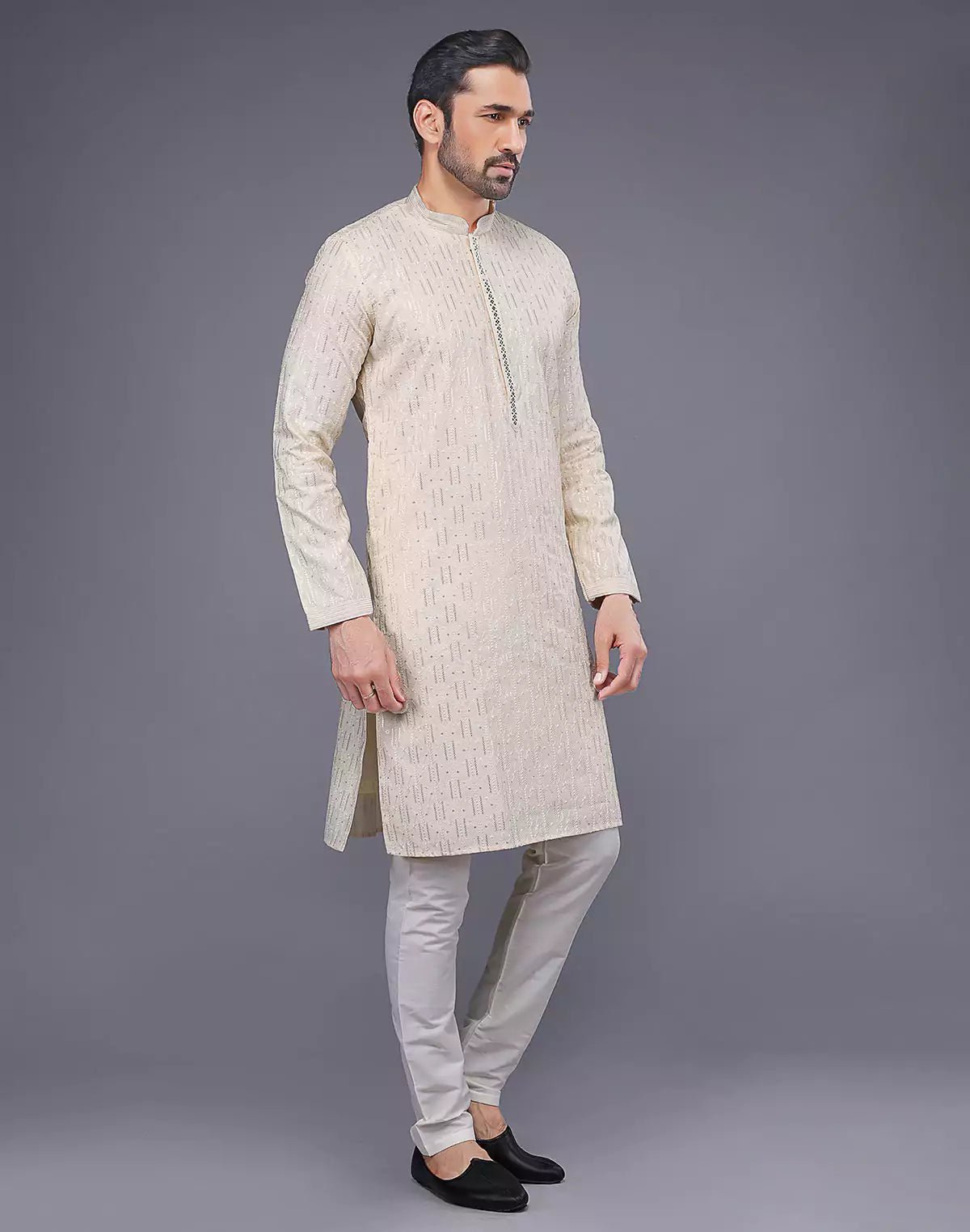 Image of Elegant Cream Embellished Work Kurta Pyjama Set - South India Shopping Mall