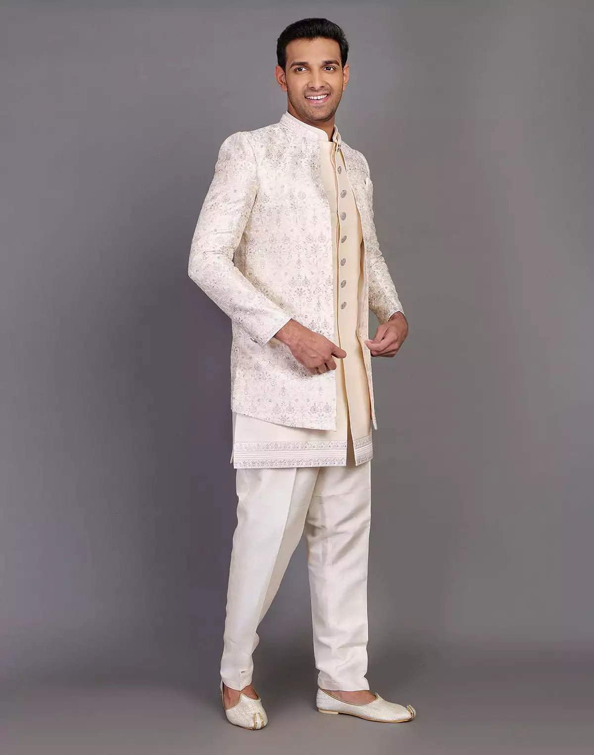 Image of Elegant Fawn Color Raw Silk Embroidery Work Indo - open Jacket Set - South India Shopping Mall