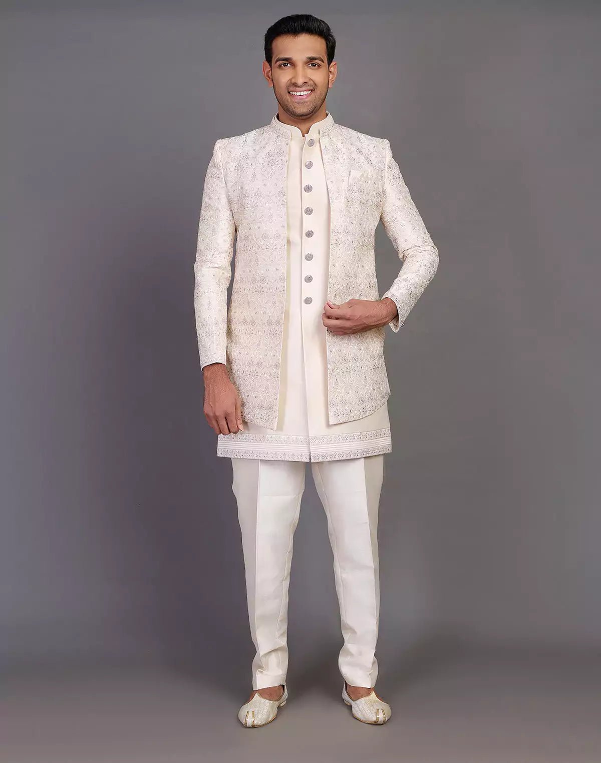 Image of Elegant Fawn Color Raw Silk Embroidery Work Indo - open Jacket Set - South India Shopping Mall